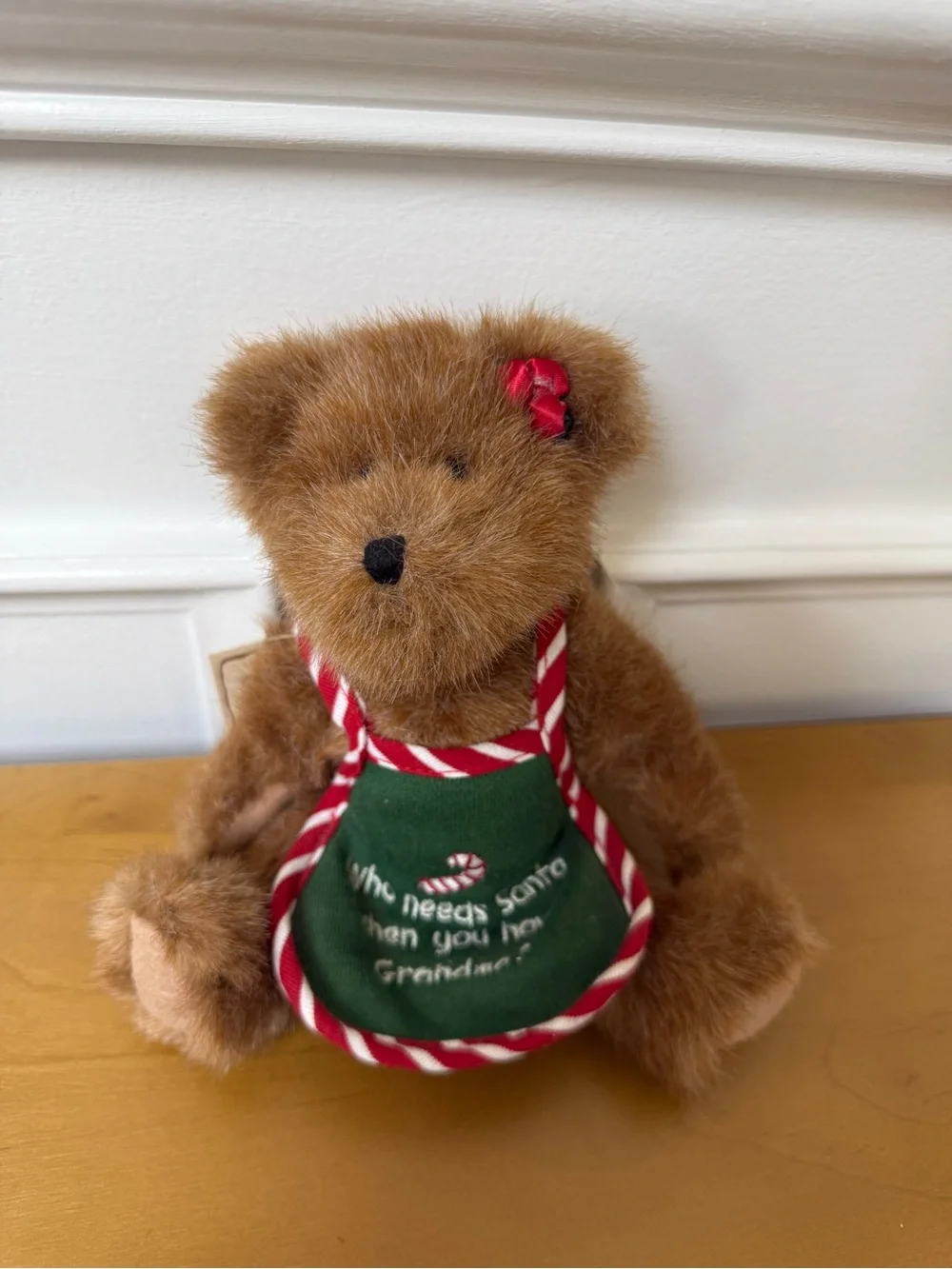 Boyds Bears Brown Plush Bear with Green Apron and Red Trim